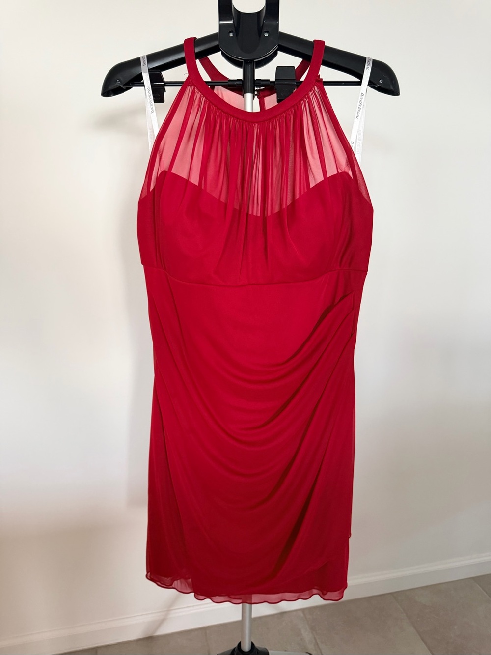David's Bridal Red Halter Sheer Yoke Cocktail Dress